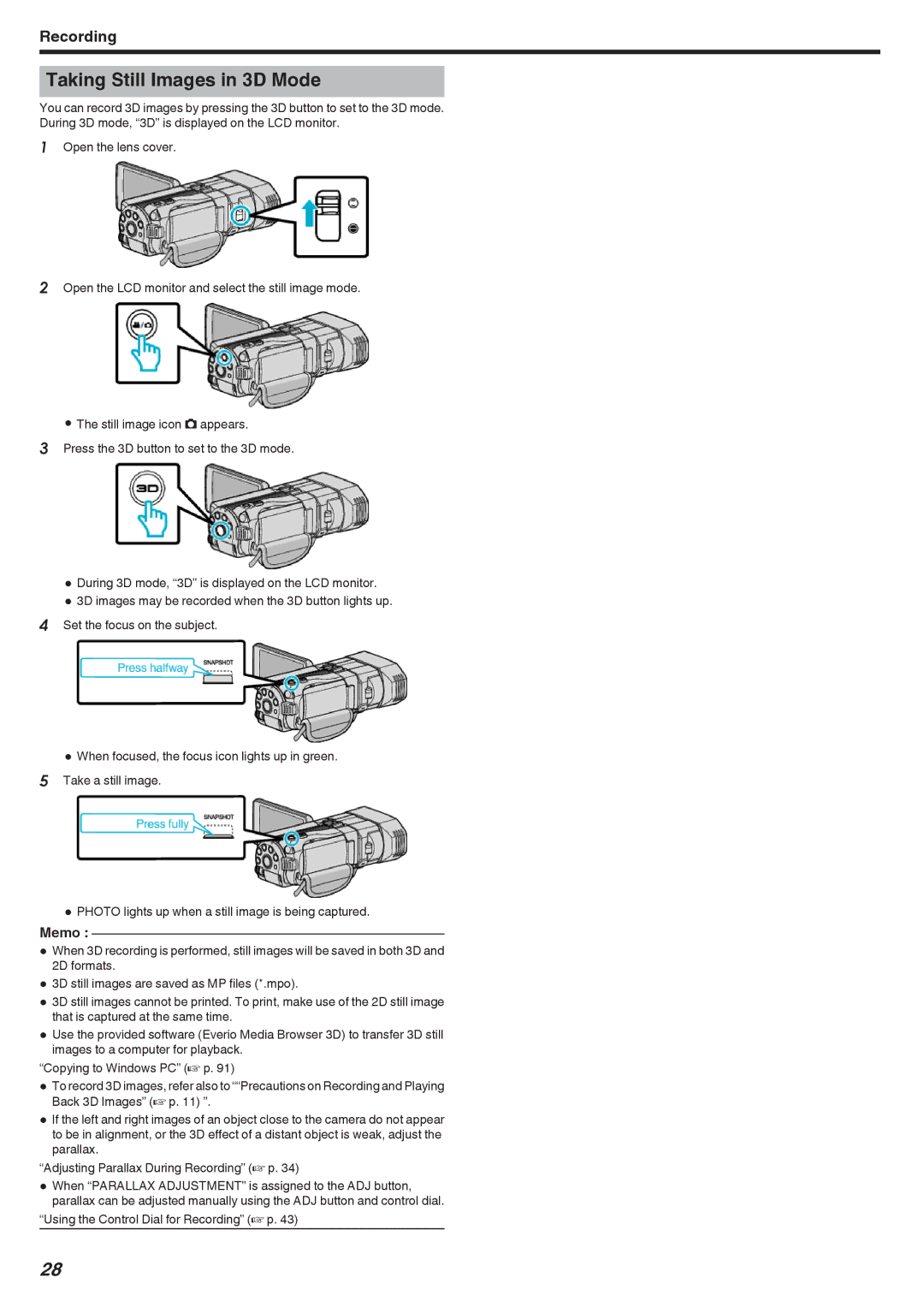 JVC GSTD1BUS manual Taking Still Images in 3D Mode 