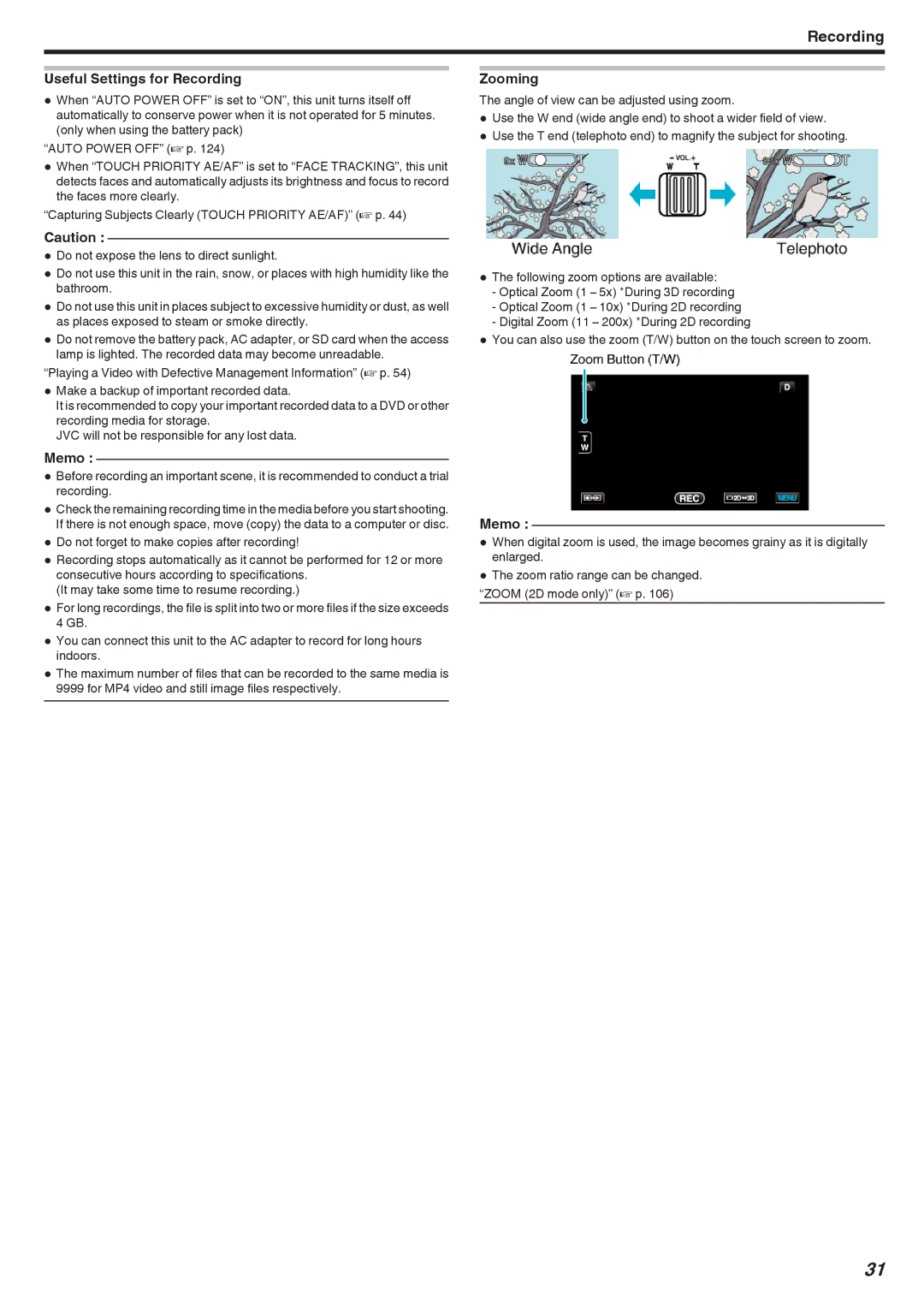 JVC GSTD1BUS manual Useful Settings for Recording Zooming 