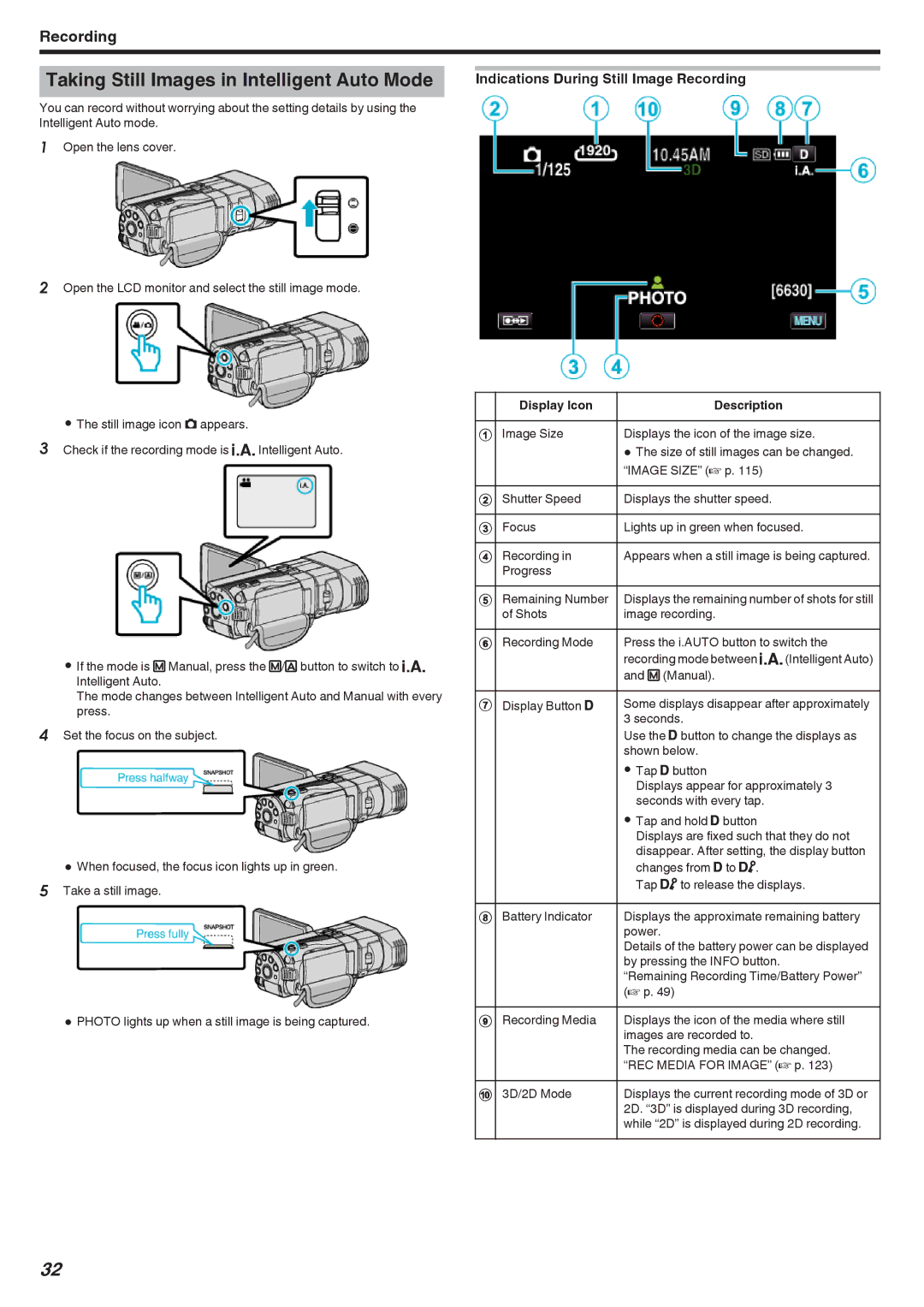 JVC GSTD1BUS manual Taking Still Images in Intelligent Auto Mode, Indications During Still Image Recording 