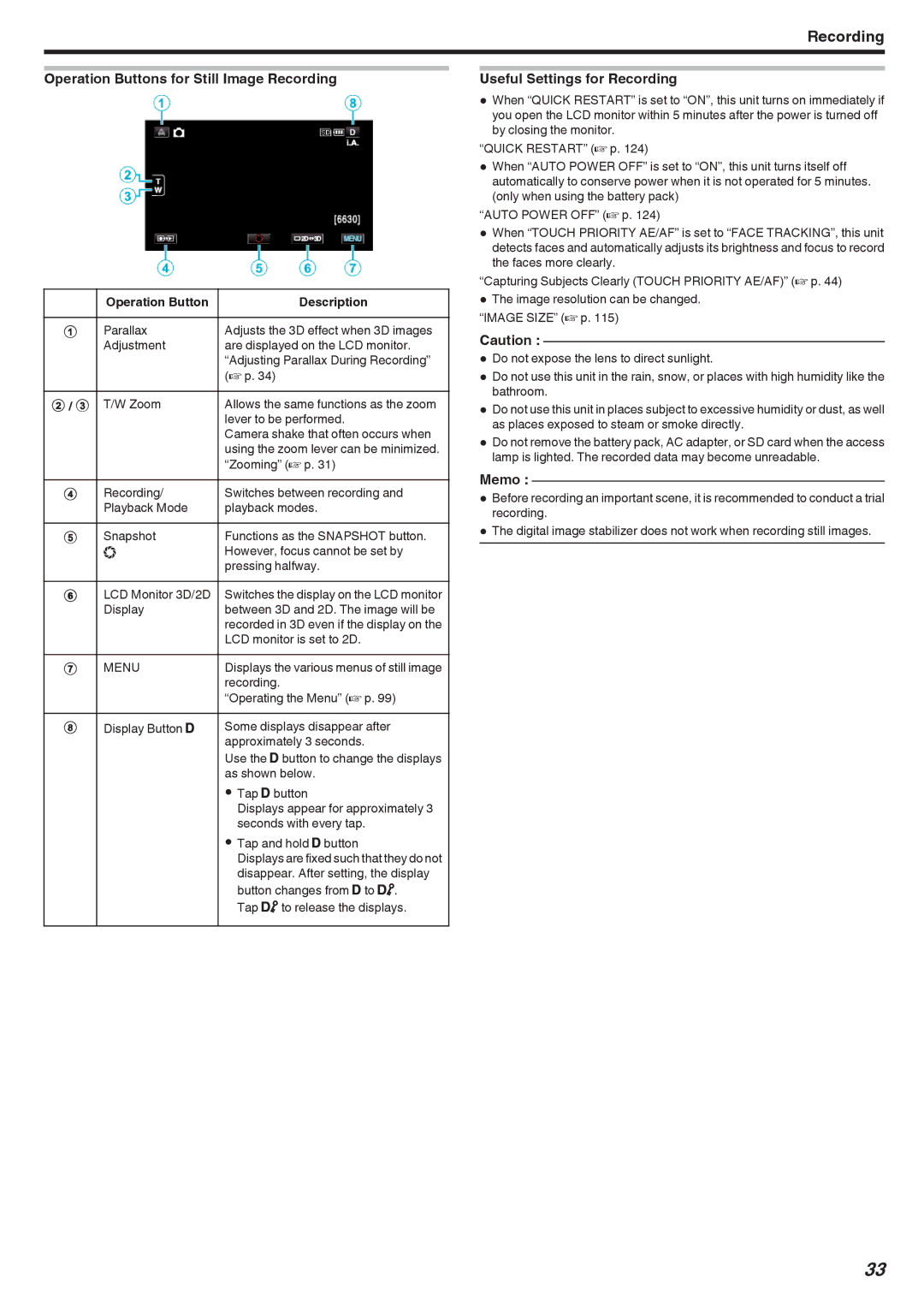 JVC GSTD1BUS manual Operation Buttons for Still Image Recording, Useful Settings for Recording 