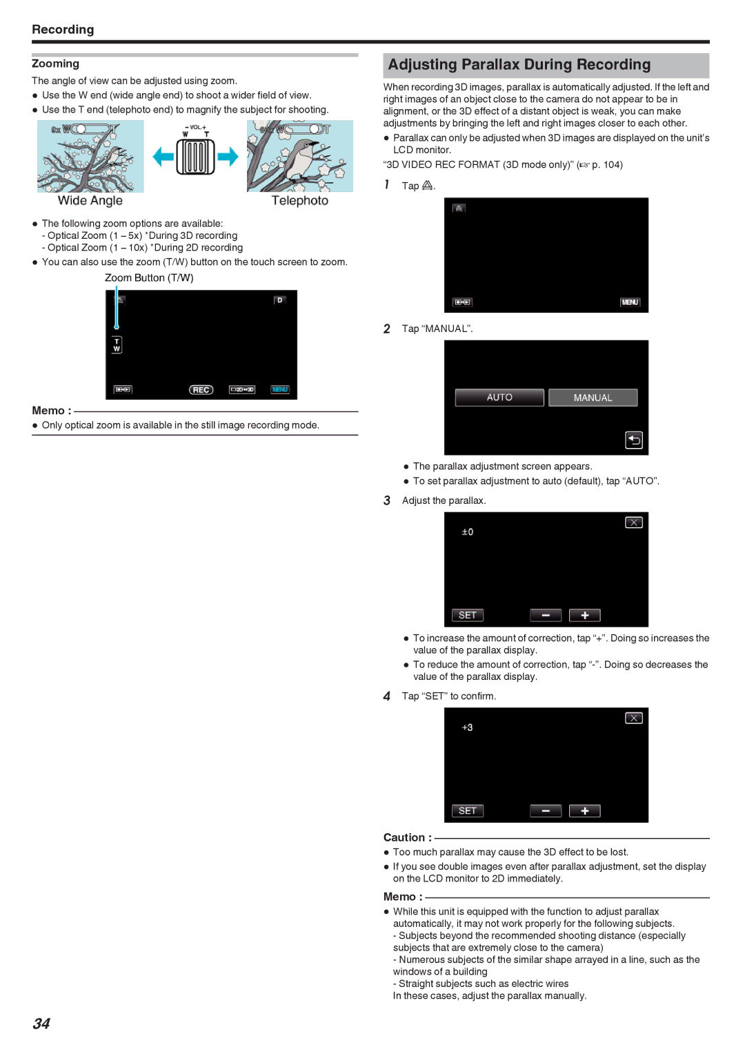 JVC GSTD1BUS manual Adjusting Parallax During Recording, Zooming 