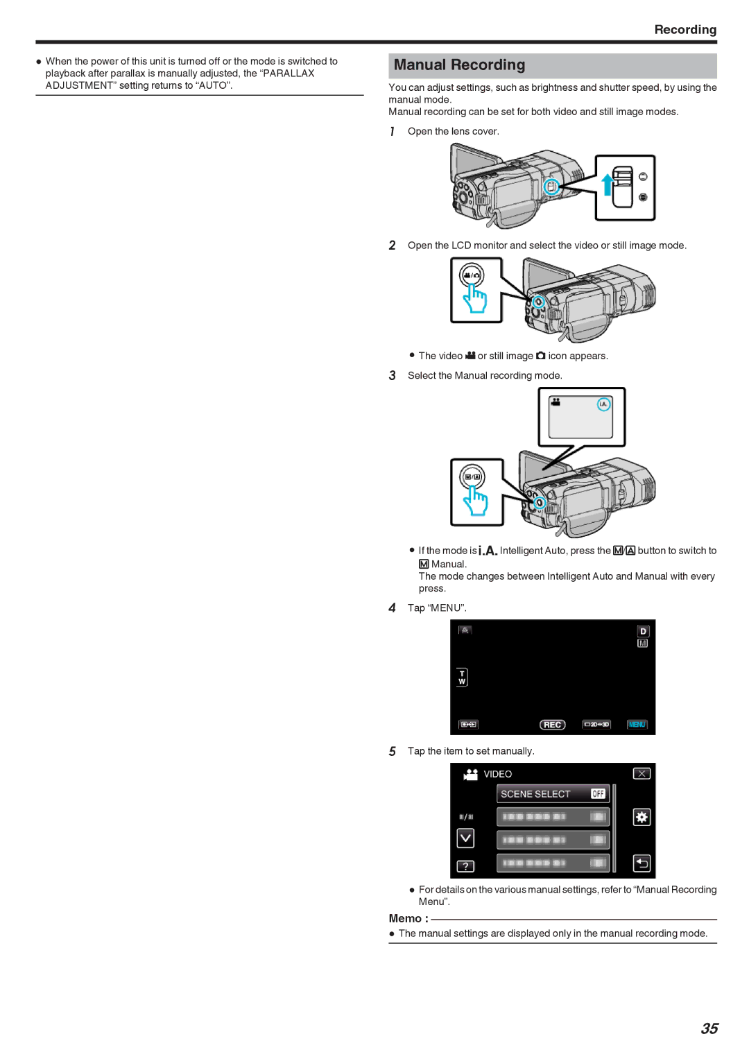 JVC GSTD1BUS manual Manual Recording 