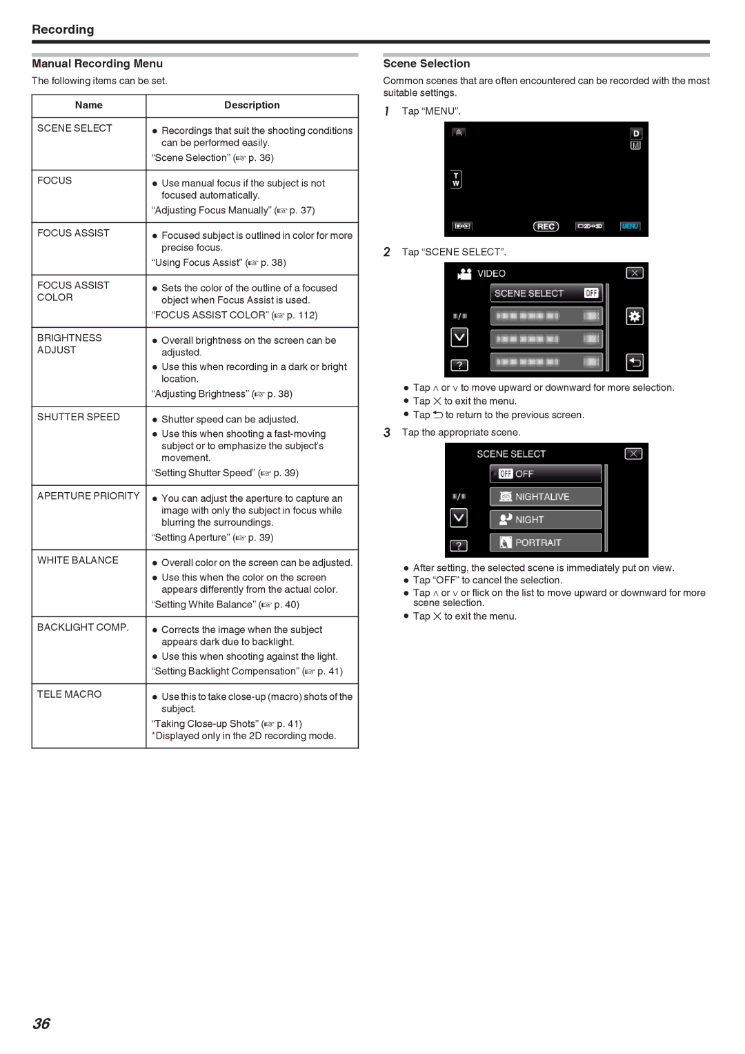 JVC GSTD1BUS manual Manual Recording Menu, Scene Selection, Name Description 