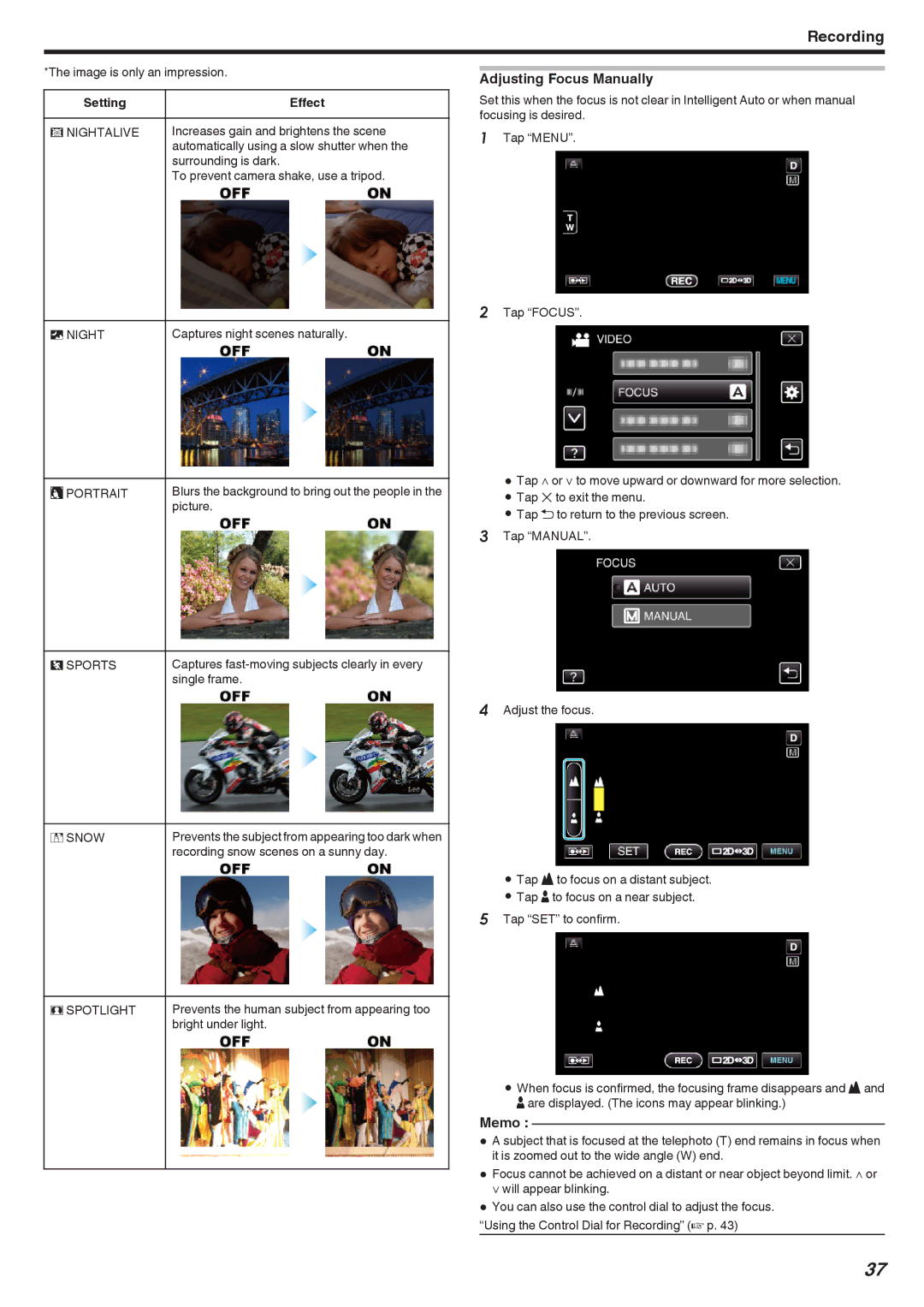 JVC GSTD1BUS manual Adjusting Focus Manually, Setting Effect 