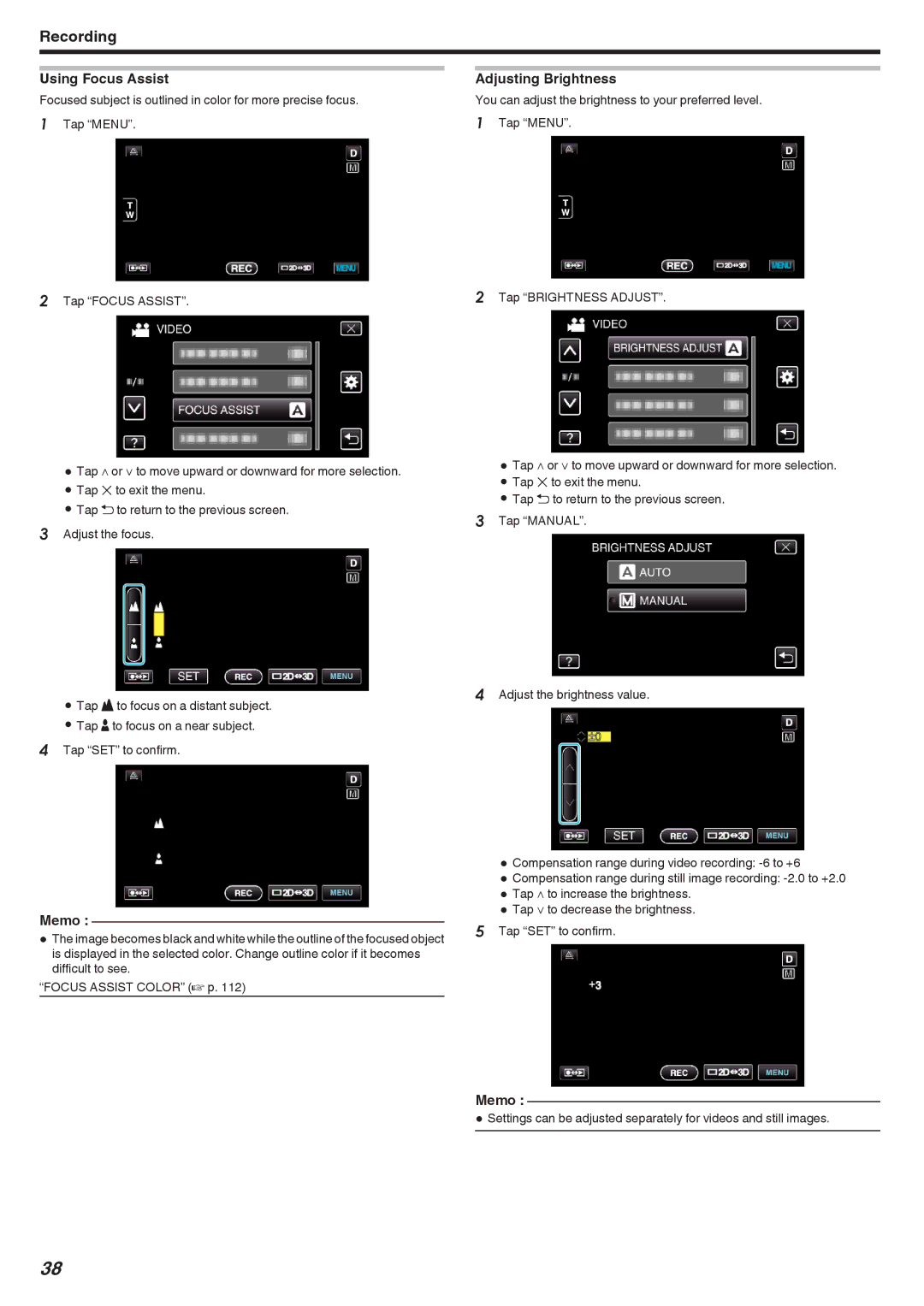 JVC GSTD1BUS manual Using Focus Assist, Adjusting Brightness 