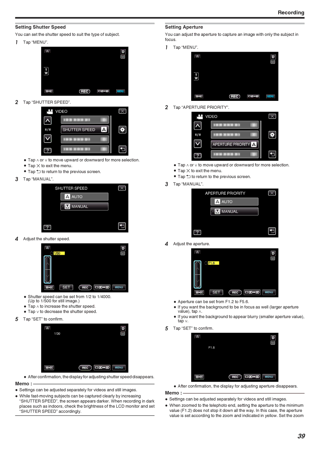 JVC GSTD1BUS manual Setting Shutter Speed, Setting Aperture 