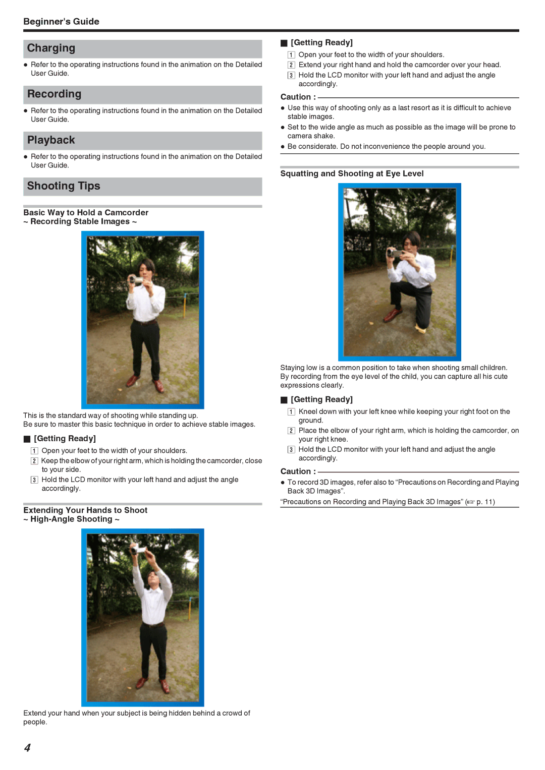 JVC GSTD1BUS manual Charging, Recording, Playback, Shooting Tips 