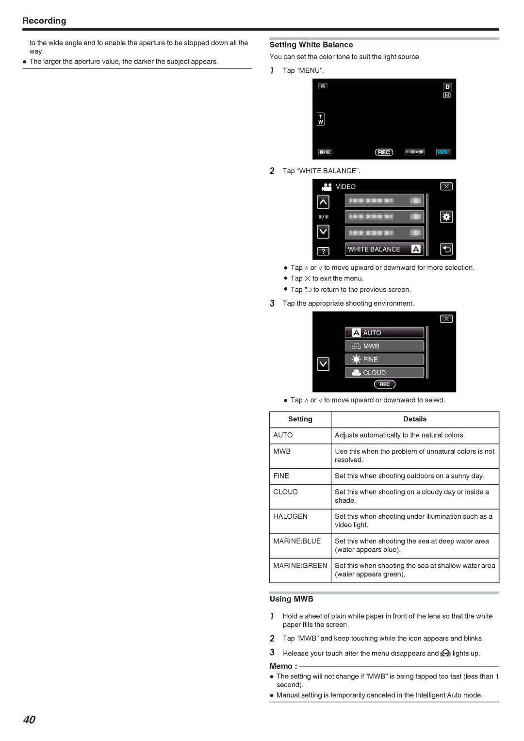 JVC GSTD1BUS manual Setting White Balance, Using MWB, Setting Details 