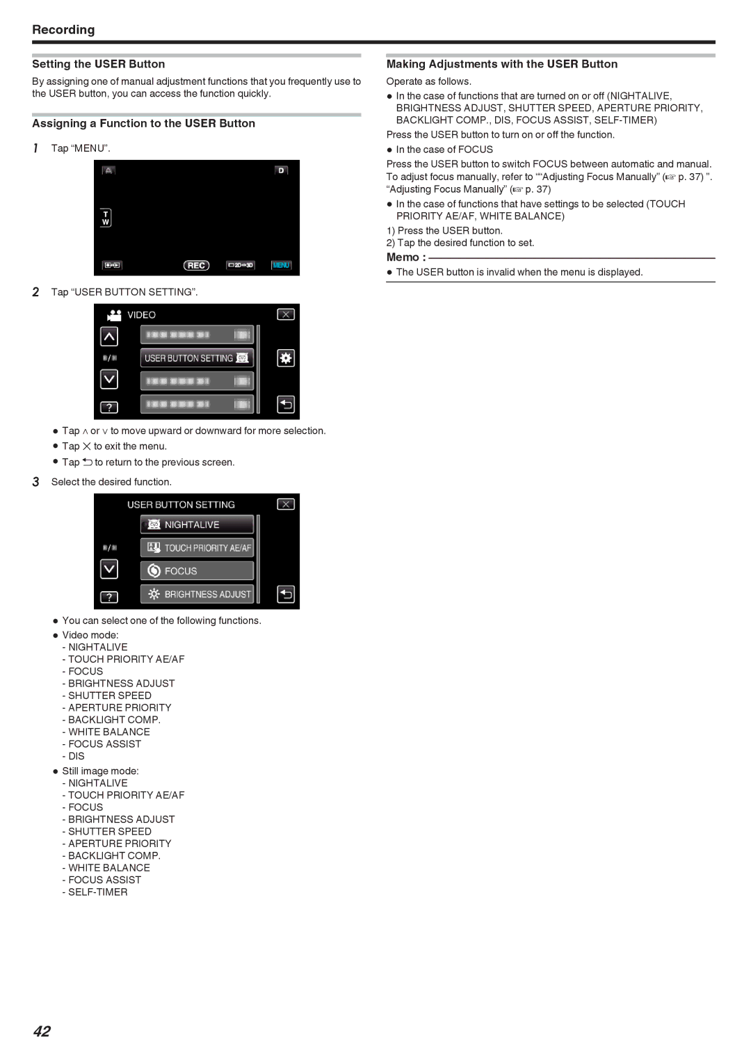 JVC GSTD1BUS Setting the User Button, Assigning a Function to the User Button, Making Adjustments with the User Button 