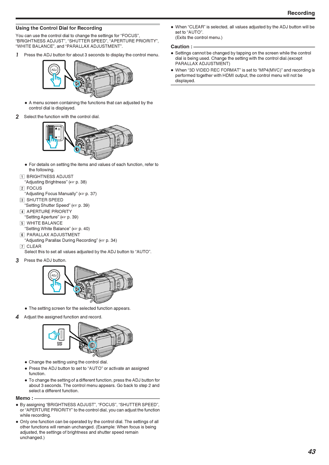 JVC GSTD1BUS manual Using the Control Dial for Recording, Parallax Adjustment, Clear 