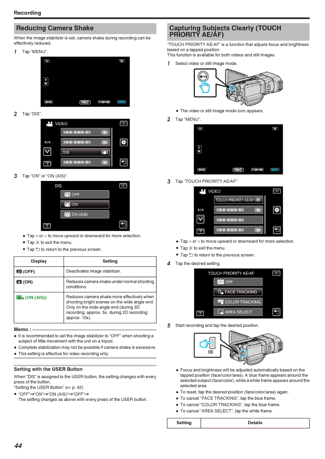 JVC GSTD1BUS manual Reducing Camera Shake, Capturing Subjects Clearly Touch Priority AE/AF, Setting with the User Button 