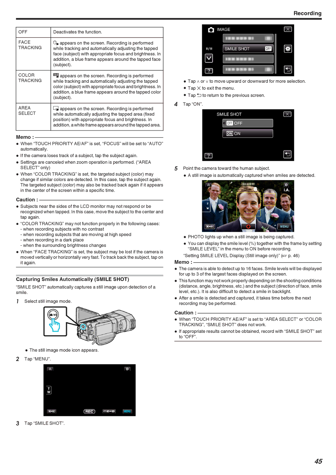 JVC GSTD1BUS manual Capturing Smiles Automatically Smile Shot, Face, Tracking, Area, Select 