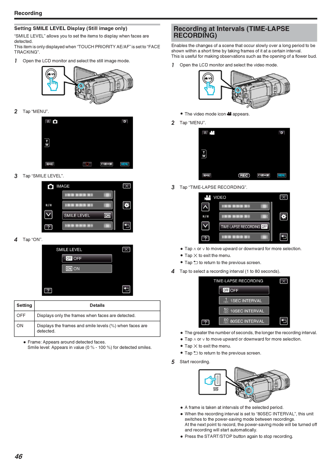 JVC GSTD1BUS manual Recording at Intervals TIME-LAPSE Recording, Setting Smile Level Display Still image only 