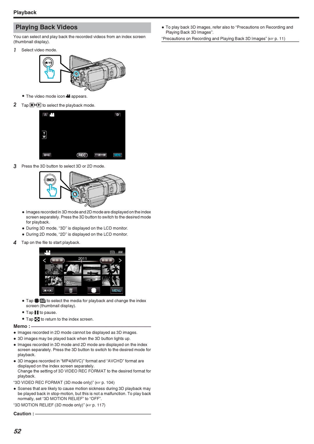 JVC GSTD1BUS manual Playing Back Videos, Memo 