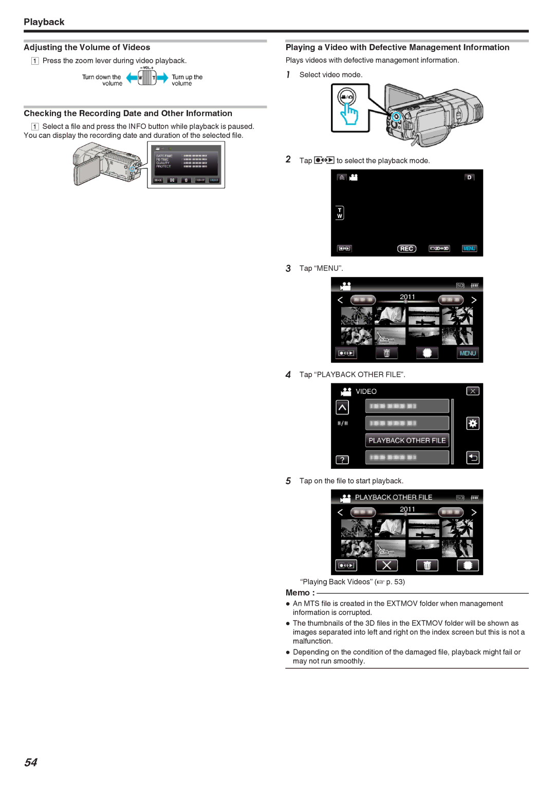 JVC GSTD1BUS manual Adjusting the Volume of Videos, Checking the Recording Date and Other Information 