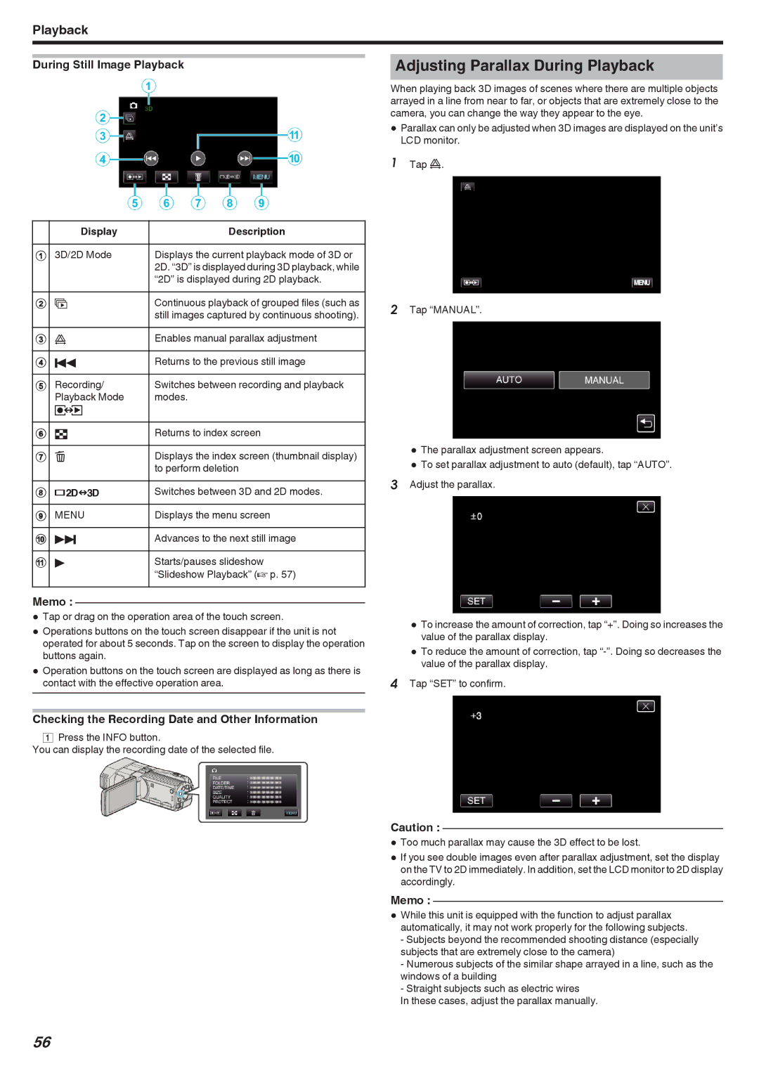 JVC GSTD1BUS manual Adjusting Parallax During Playback, During Still Image Playback 