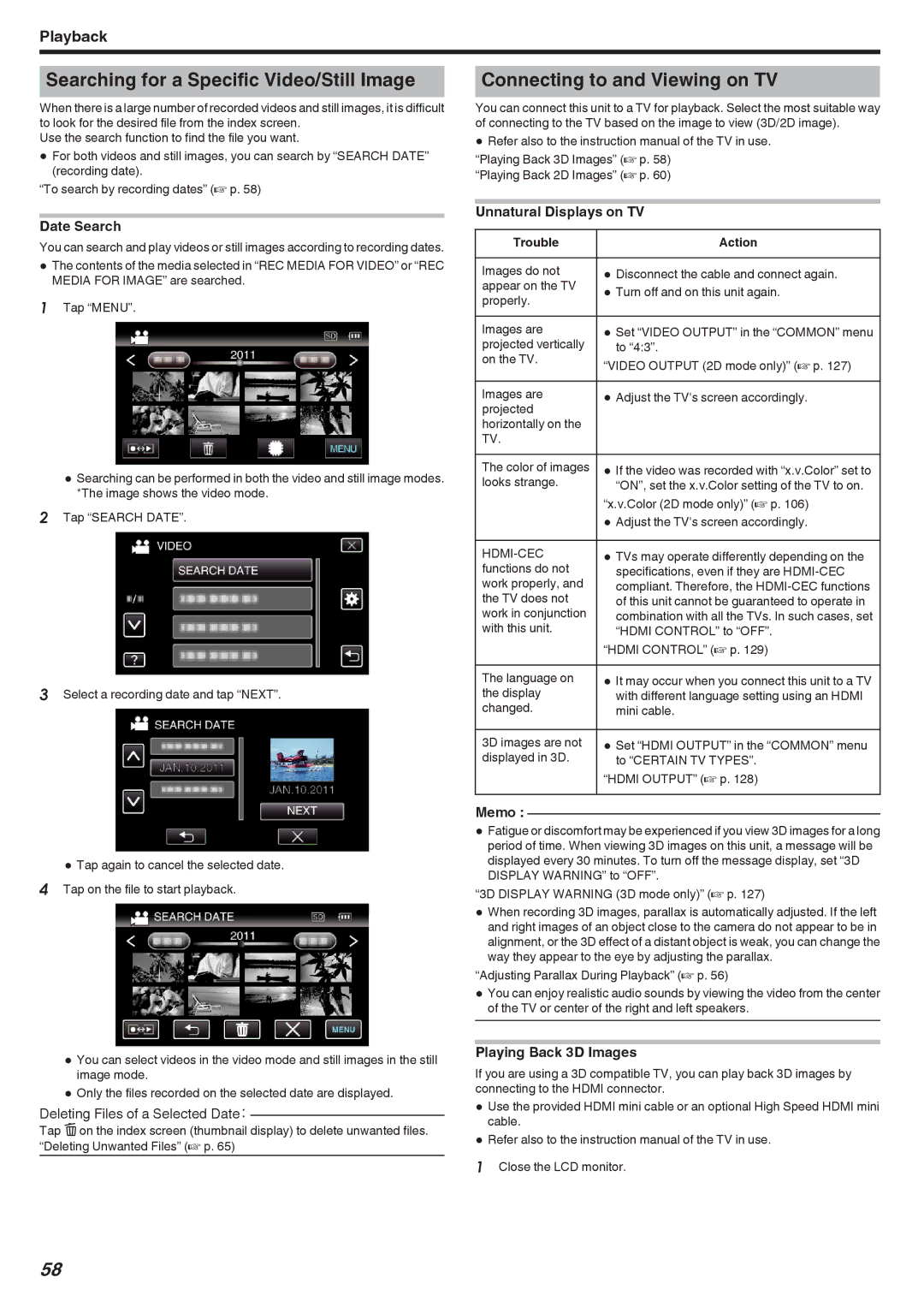 JVC GSTD1BUS manual Searching for a Specific Video/Still Image, Connecting to and Viewing on TV, Date Search 