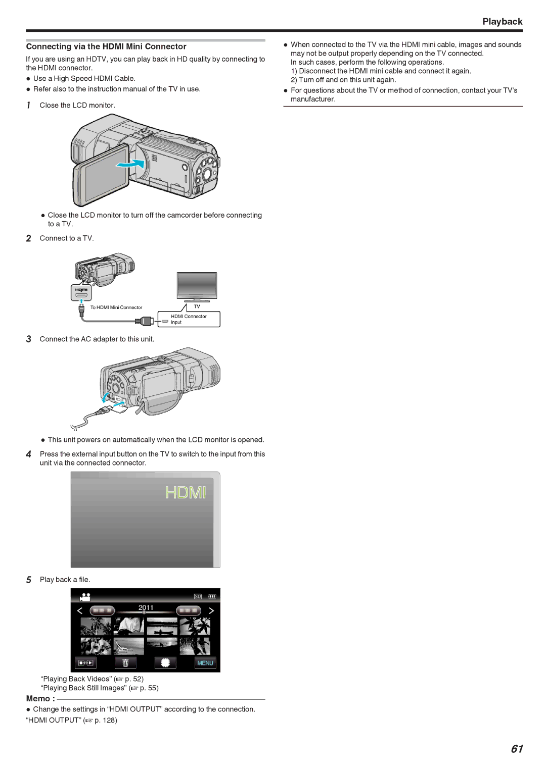 JVC GSTD1BUS manual Connecting via the Hdmi Mini Connector 