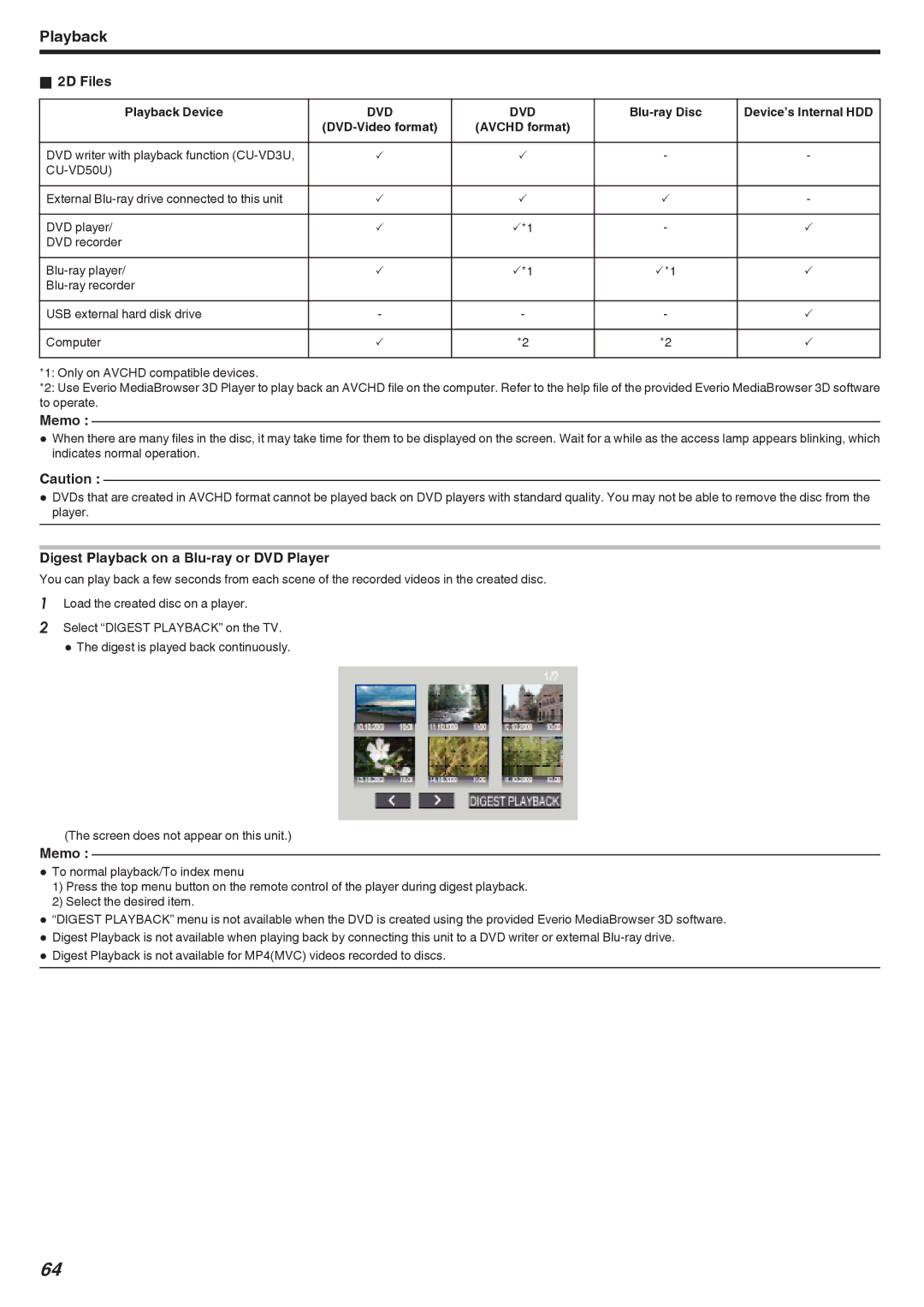 JVC GSTD1BUS manual 2D Files, Digest Playback on a Blu-ray or DVD Player 