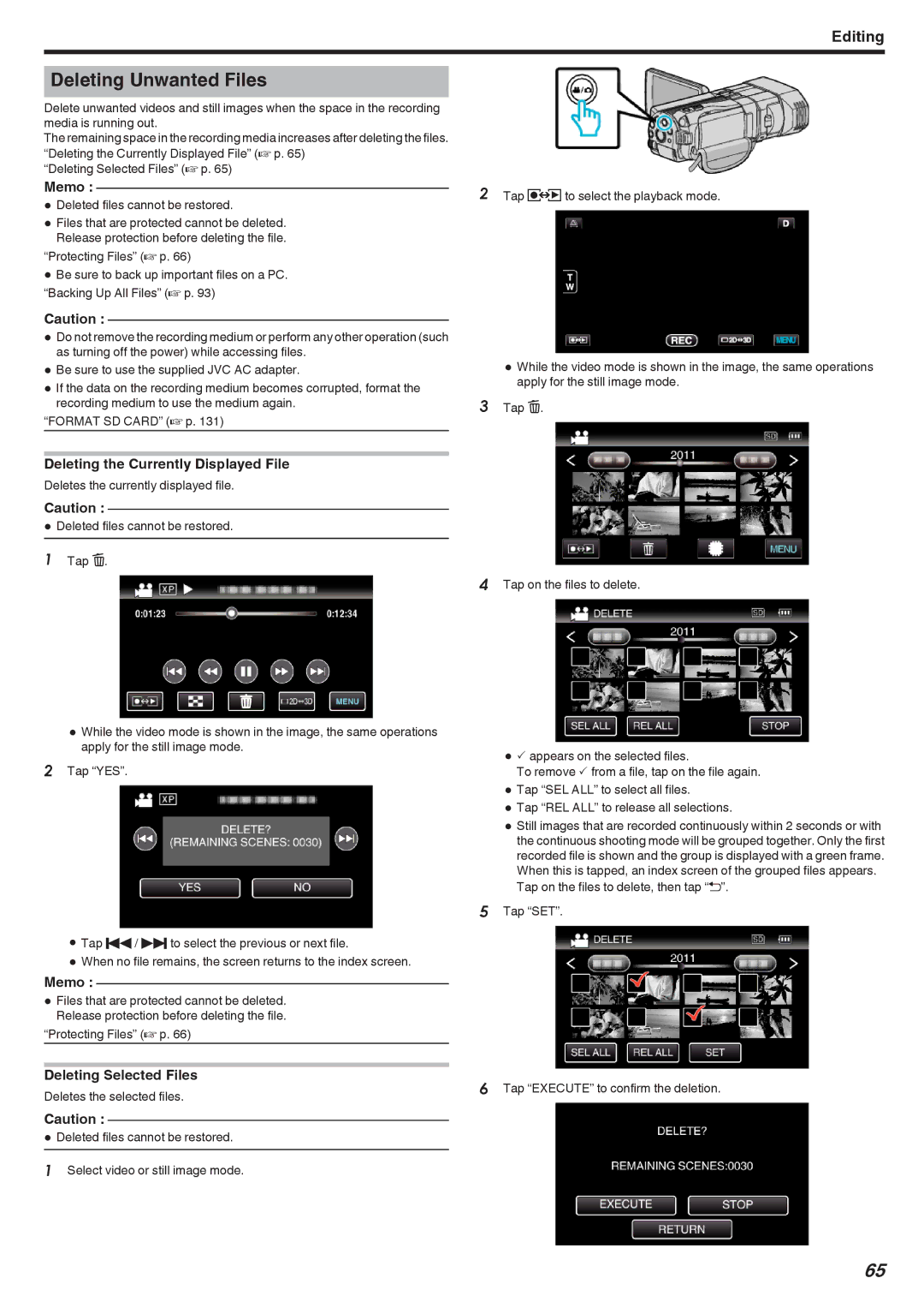 JVC GSTD1BUS manual Deleting Unwanted Files, Deleting the Currently Displayed File, Deleting Selected Files 