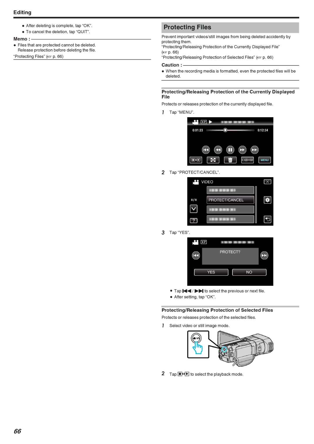 JVC GSTD1BUS manual Protecting Files, Protecting/Releasing Protection of Selected Files 