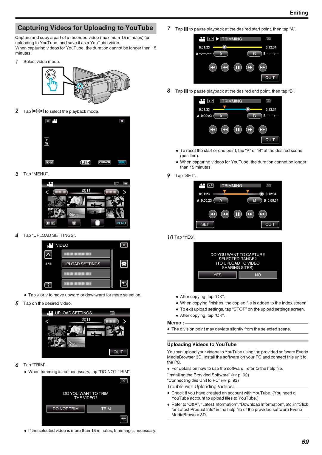 JVC GSTD1BUS manual Capturing Videos for Uploading to YouTube, Uploading Videos to YouTube 