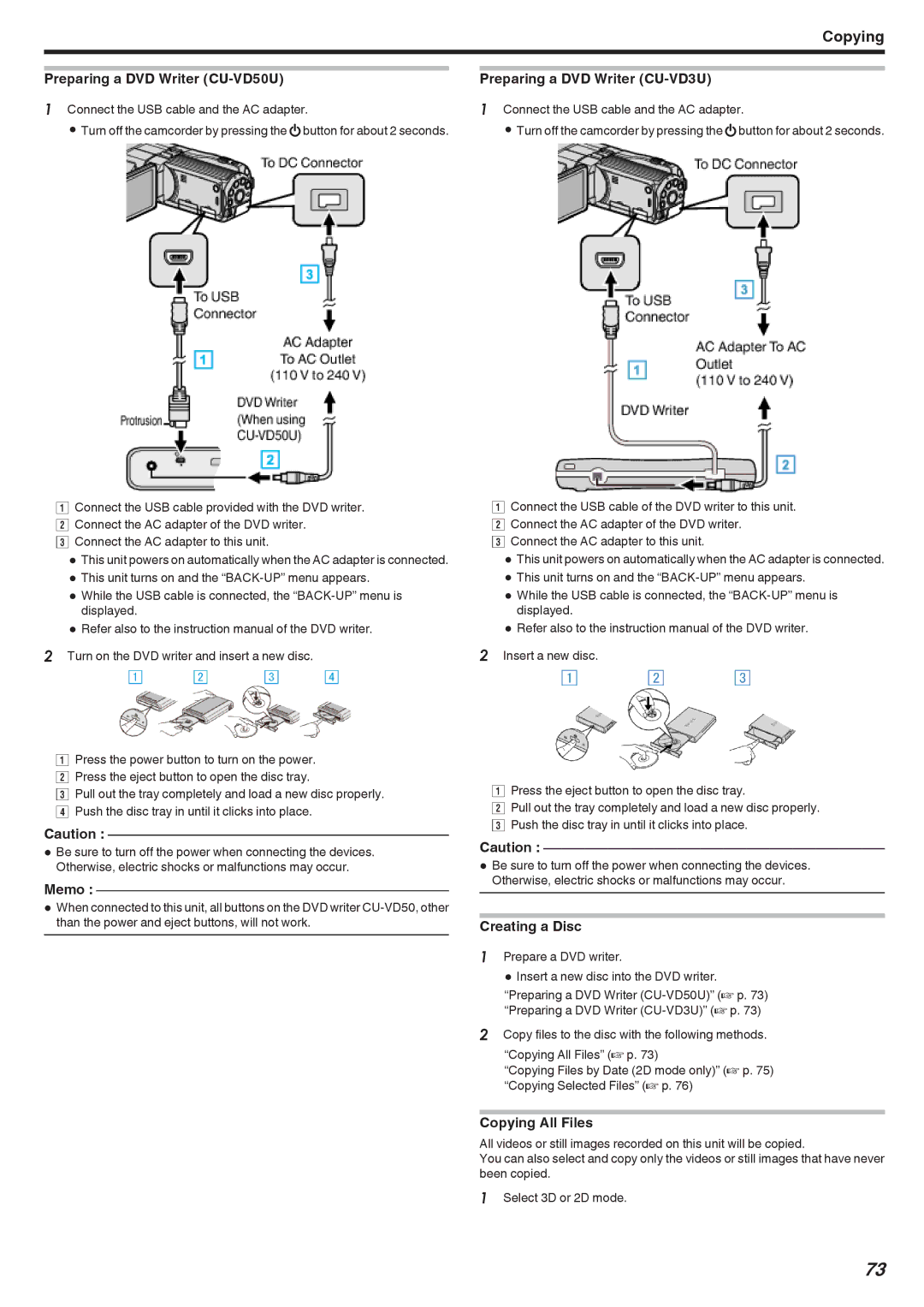 JVC GSTD1BUS manual Preparing a DVD Writer CU-VD50U, Preparing a DVD Writer CU-VD3U, Creating a Disc, Copying All Files 