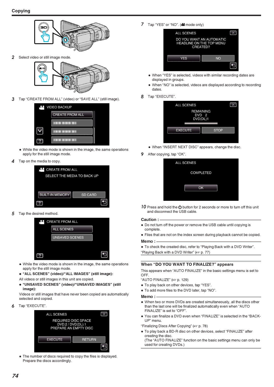 JVC GSTD1BUS manual When do YOU Want to FINALIZE? appears, ALL Scenes video/ALL Images still image 