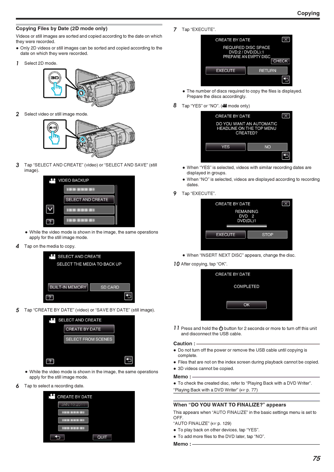 JVC GSTD1BUS manual Copying Files by Date 2D mode only 