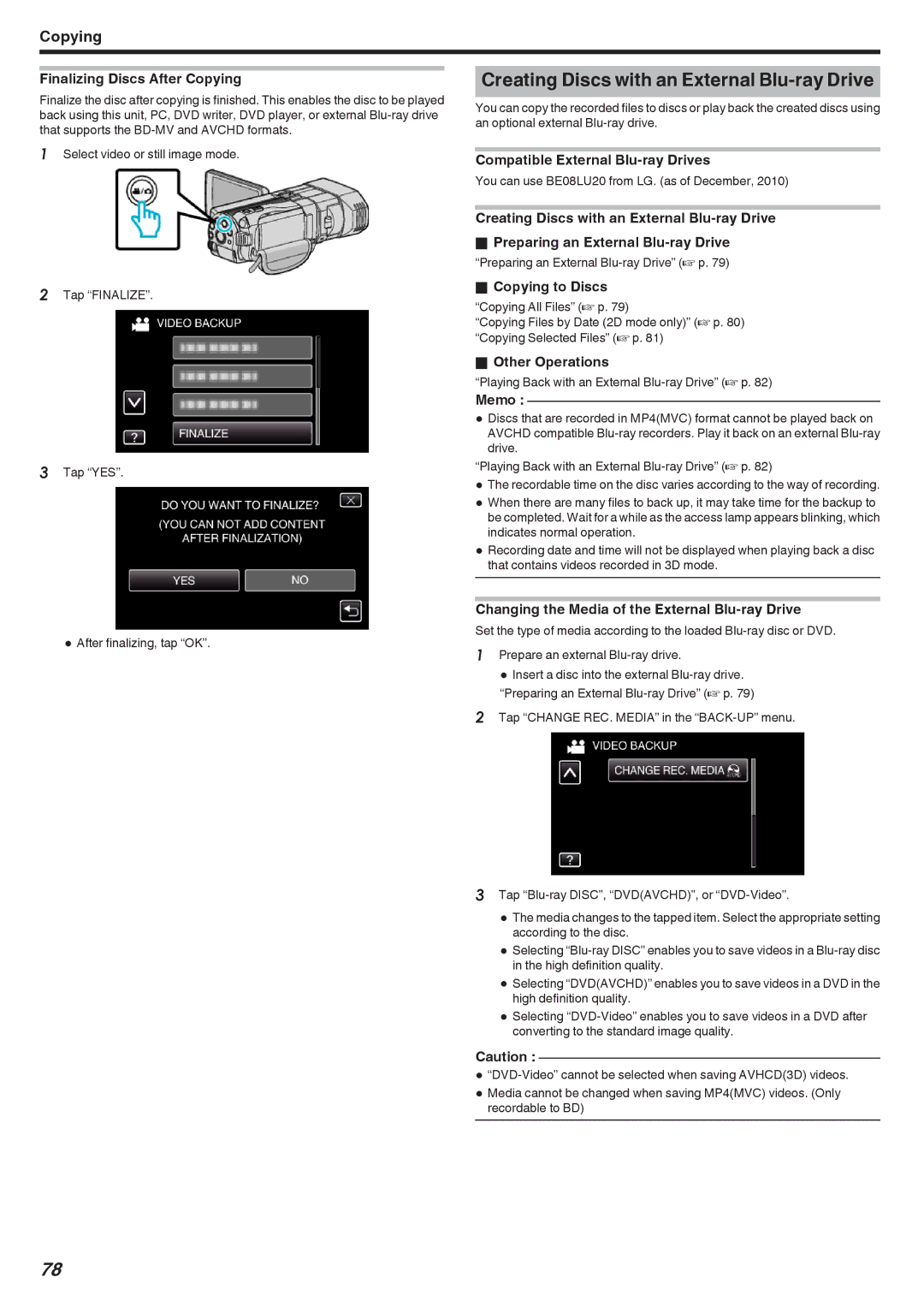 JVC GSTD1BUS manual Creating Discs with an External Blu-ray Drive, Finalizing Discs After Copying 