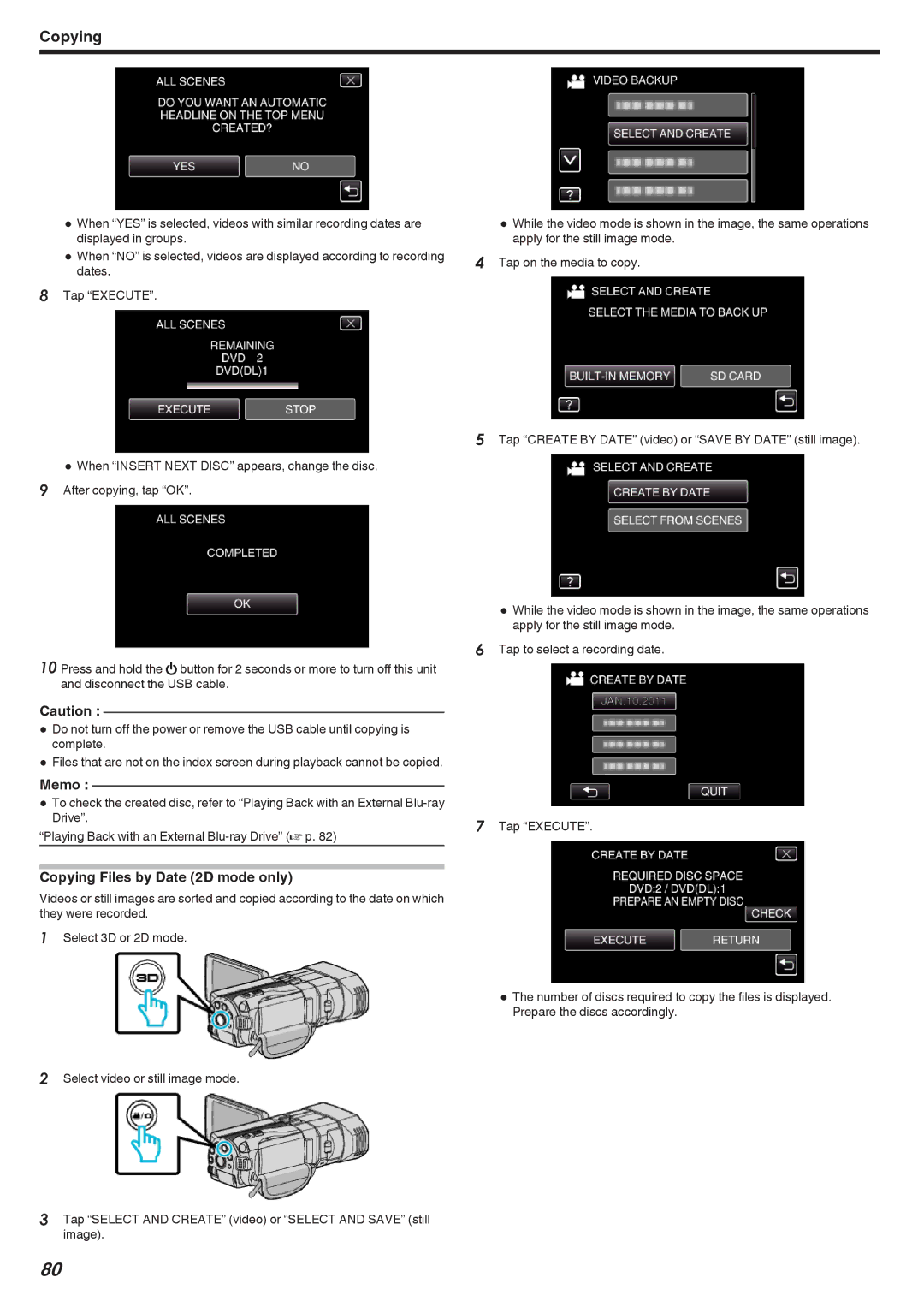 JVC GSTD1BUS manual Copying Files by Date 2D mode only 