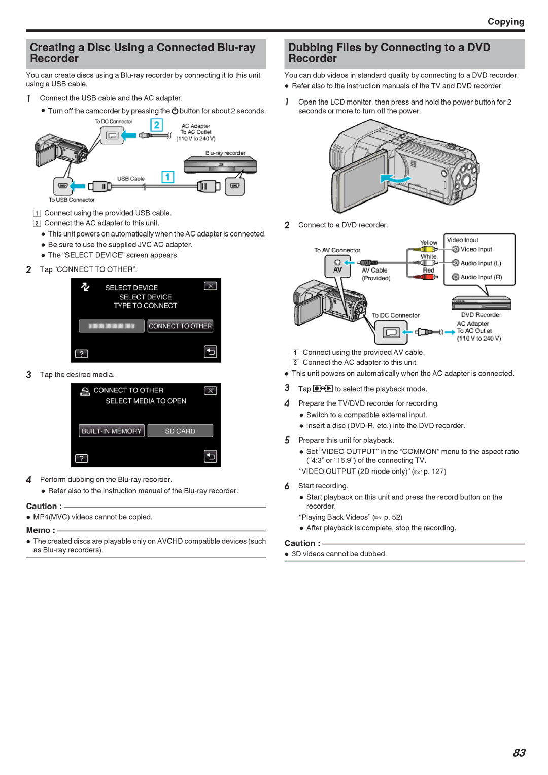 JVC GSTD1BUS manual Creating a Disc Using a Connected Blu-ray Recorder, Dubbing Files by Connecting to a DVD Recorder 