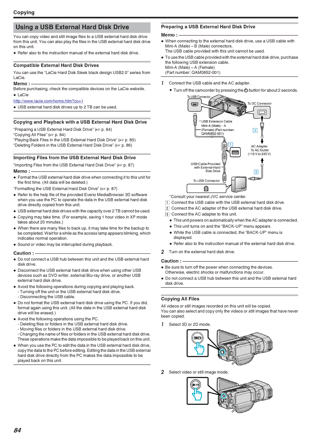 JVC GSTD1BUS manual Using a USB External Hard Disk Drive, Compatible External Hard Disk Drives 