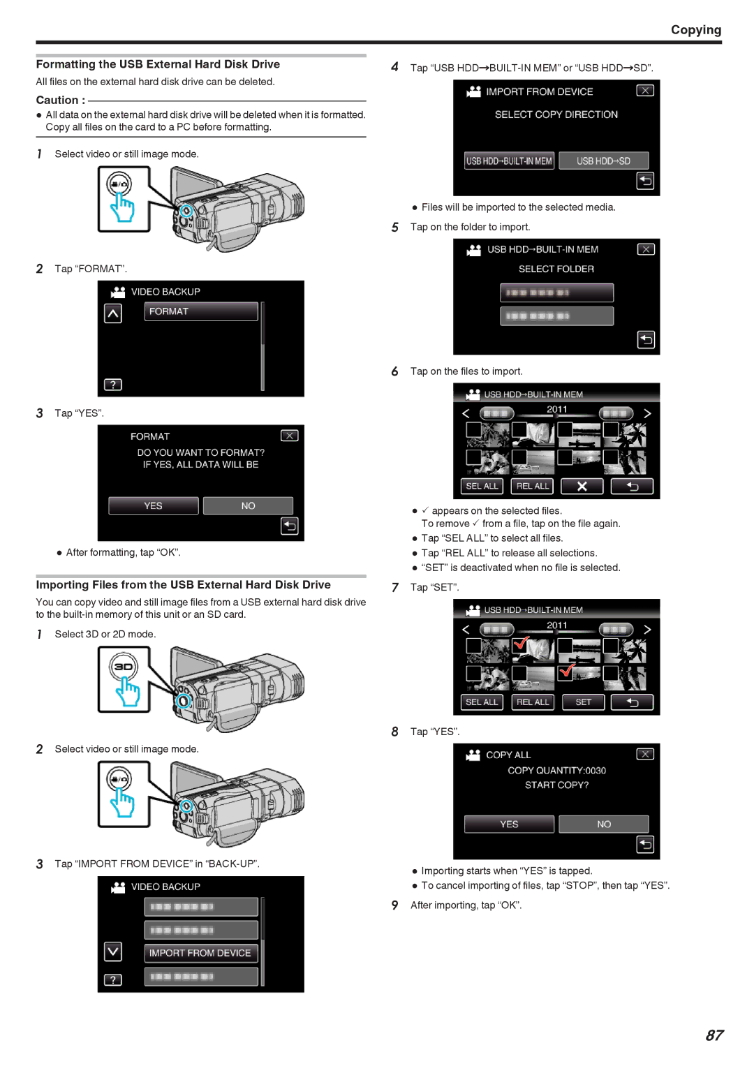 JVC GSTD1BUS manual Formatting the USB External Hard Disk Drive, Importing Files from the USB External Hard Disk Drive 