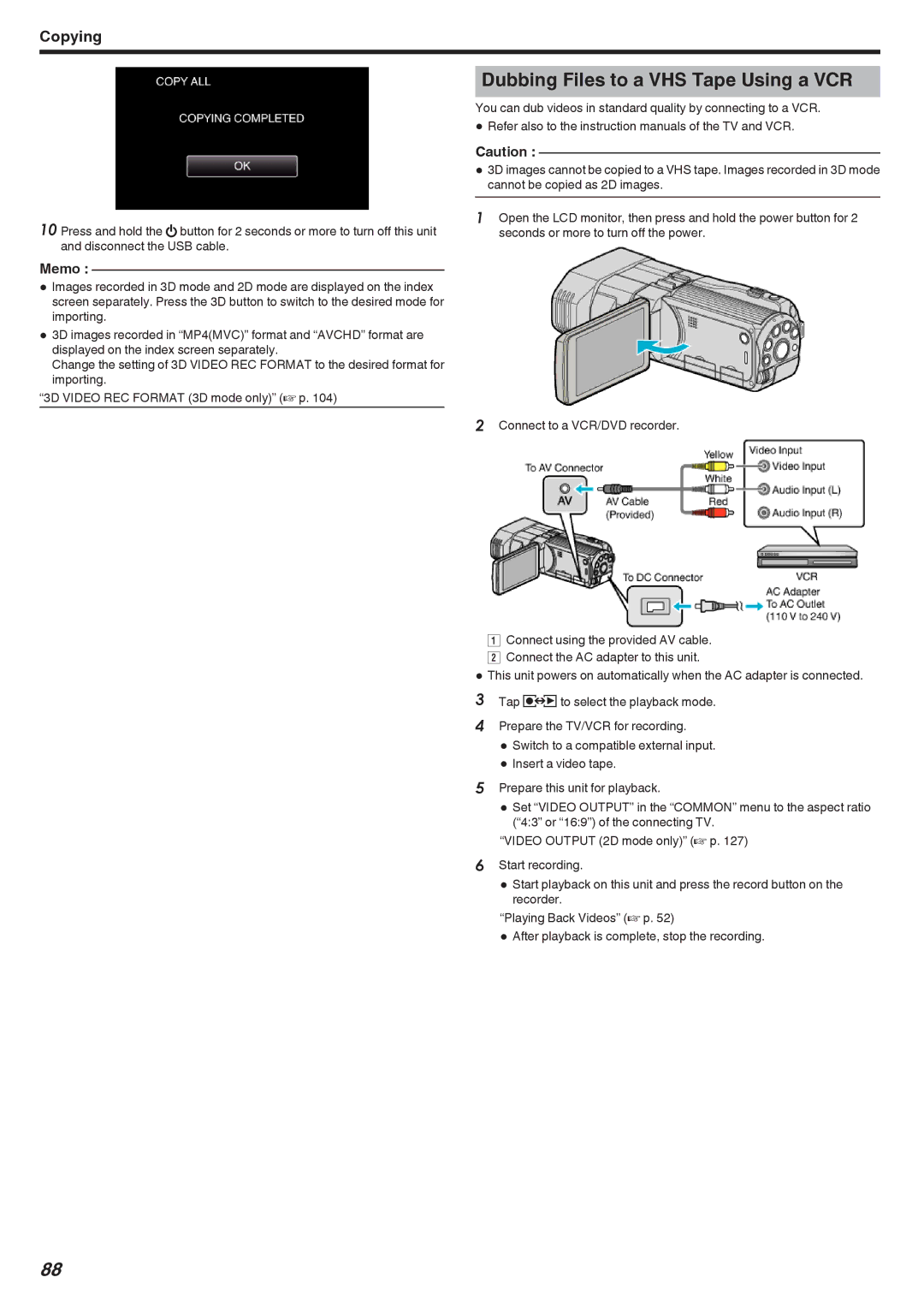 JVC GSTD1BUS manual Dubbing Files to a VHS Tape Using a VCR 