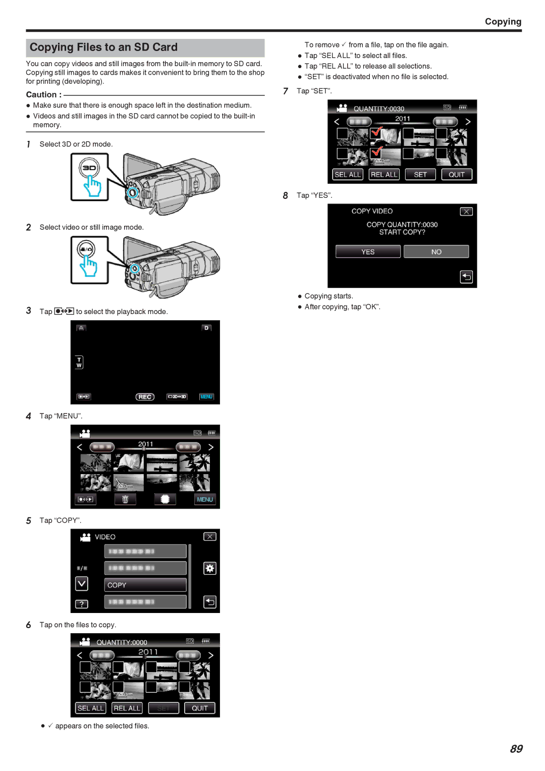 JVC GSTD1BUS manual Copying Files to an SD Card 