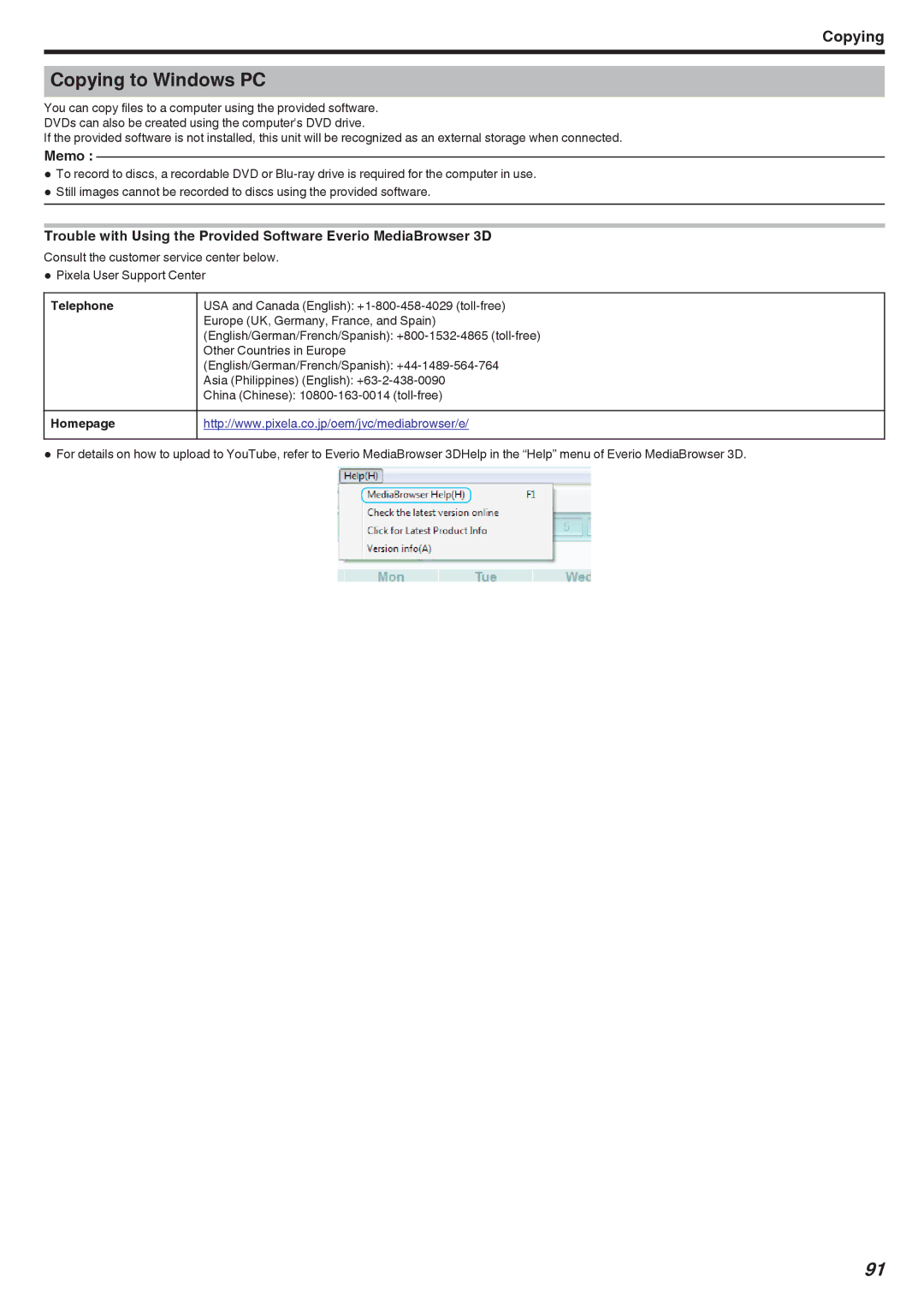 JVC GSTD1BUS manual Copying to Windows PC, Telephone, Homepage 