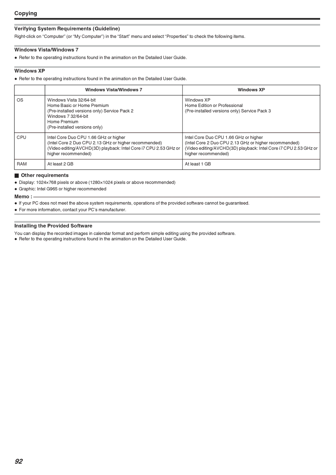 JVC GSTD1BUS manual Verifying System Requirements Guideline, Windows Vista/Windows, Windows XP, Other requirements 