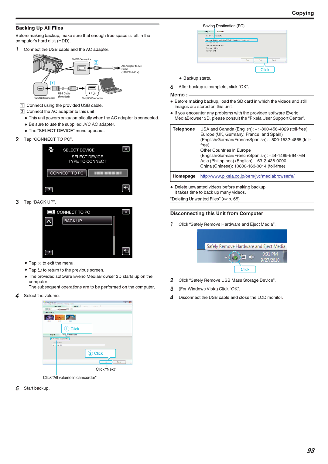 JVC GSTD1BUS manual Backing Up All Files, Disconnecting this Unit from Computer 