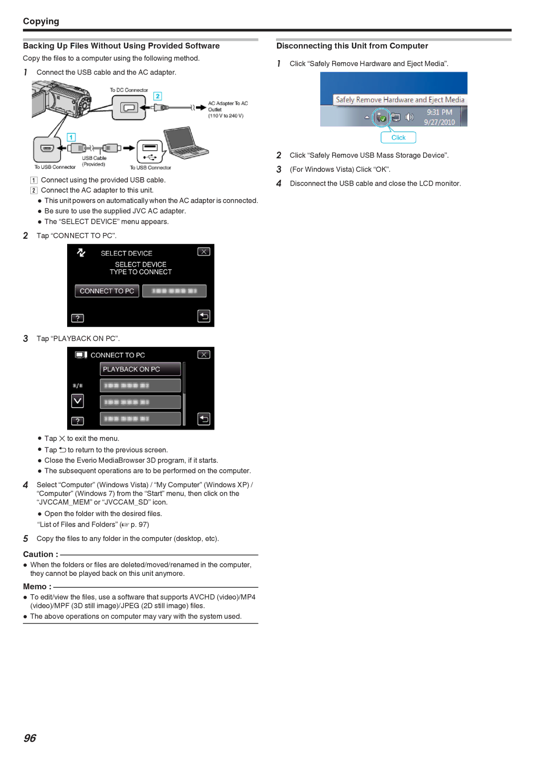 JVC GSTD1BUS manual Backing Up Files Without Using Provided Software, Disconnecting this Unit from Computer 