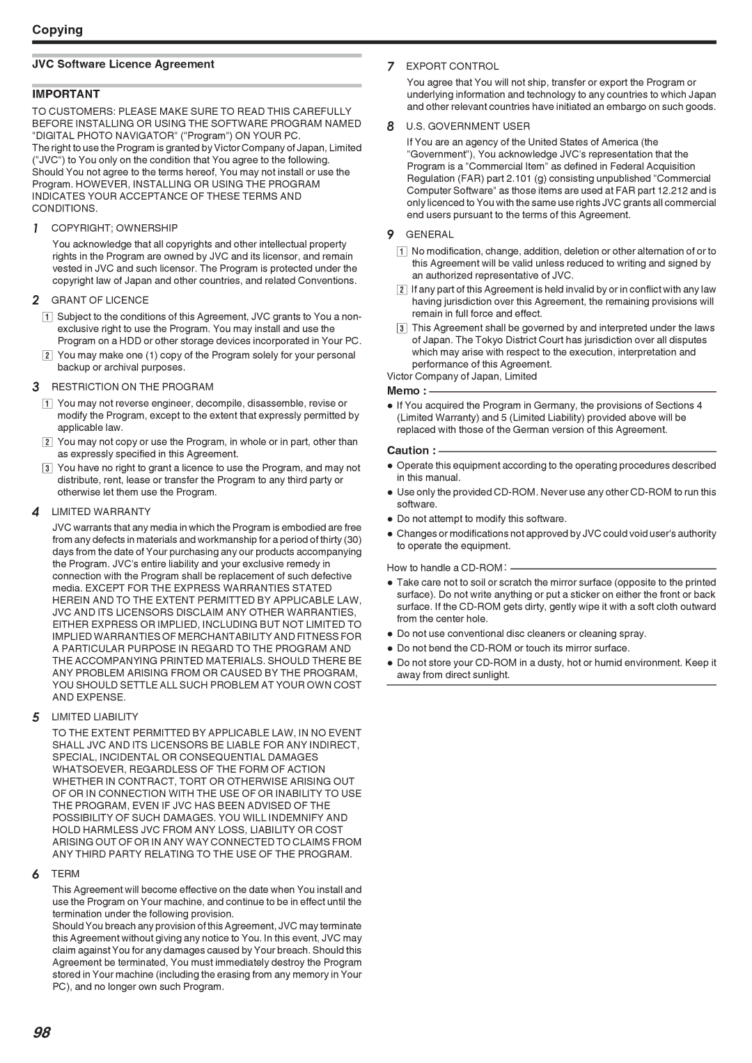 JVC GSTD1BUS manual JVC Software Licence Agreement 