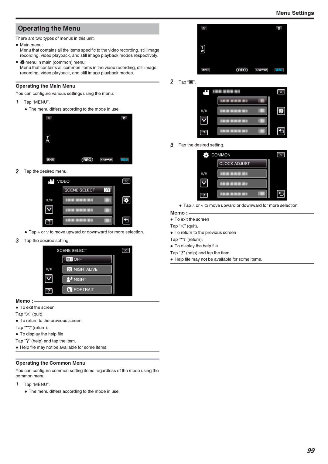 JVC GSTD1BUS manual Operating the Menu, Operating the Main Menu, Operating the Common Menu 