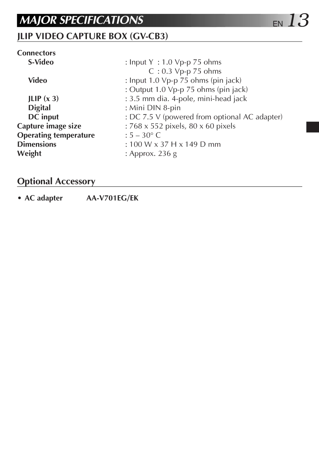 JVC GV-CB3E manual Major Specifications EN 