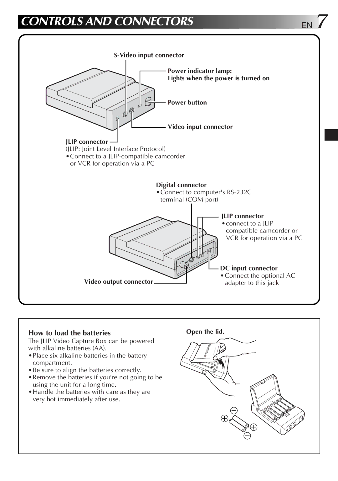 JVC GV-CB3E manual Controls and Connectors, How to load the batteries 