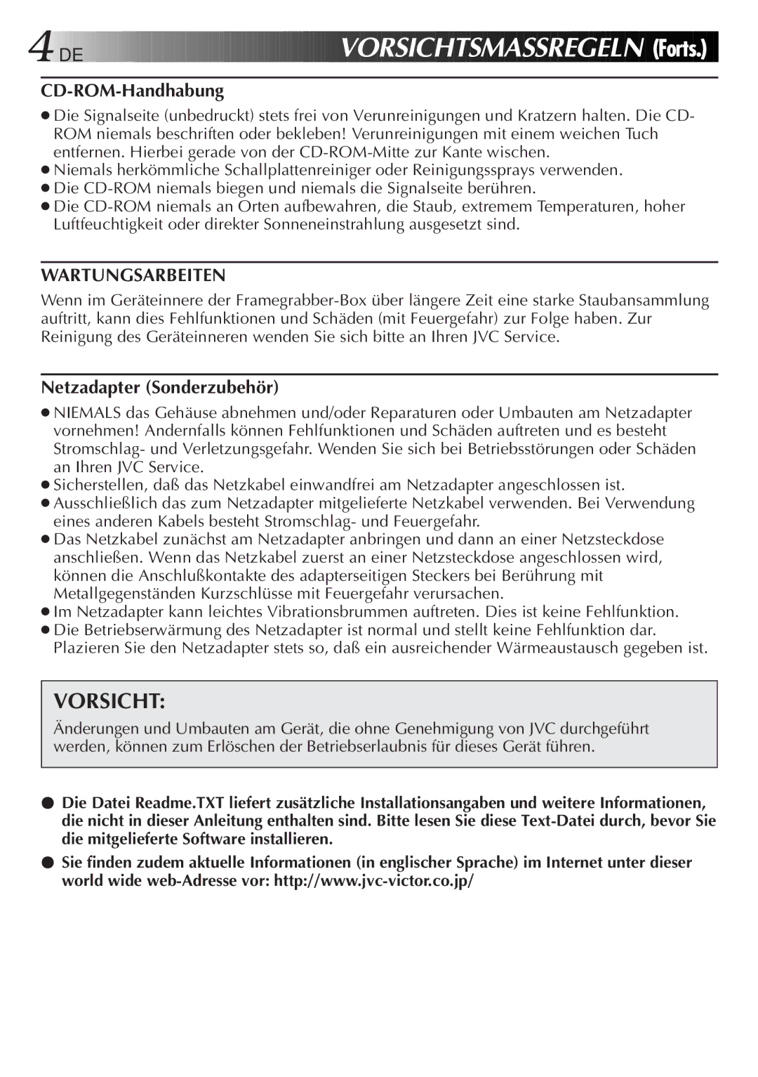 JVC GV-CB3E manual Vorsic Htsm AS SRE Geln Forts, Vorsicht, CD-ROM-Handhabung, Wartungsarbeiten, Netzadapter Sonderzubehör 