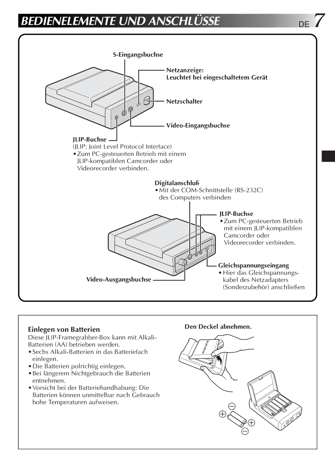 JVC GV-CB3E manual Bedienelemente UND Anschlüsse, Einlegen von Batterien, Digitalanschluß, Gleichspannungseingang 