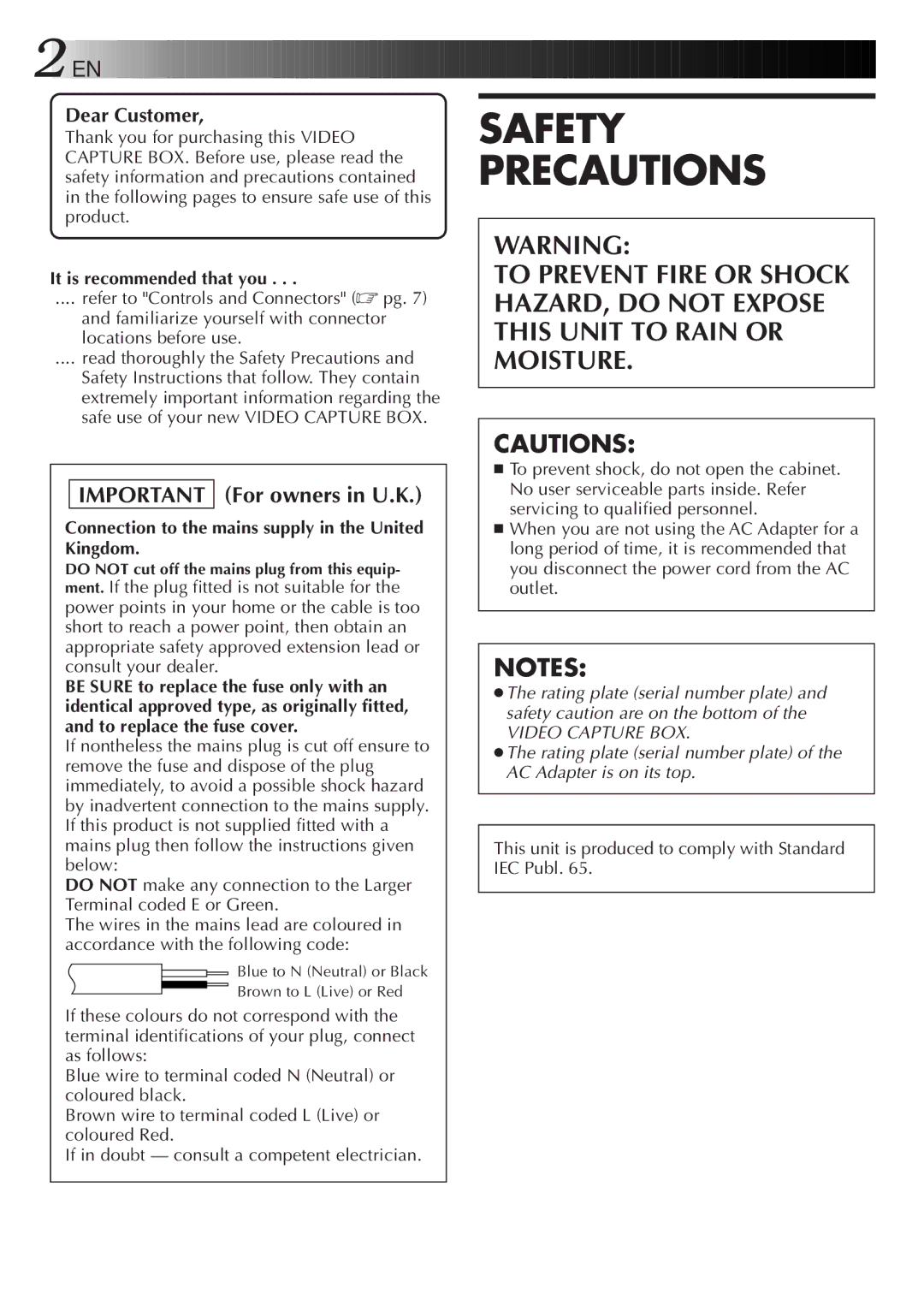 JVC GV-CB3E manual Important For owners in U.K, Dear Customer, It is recommended that you 