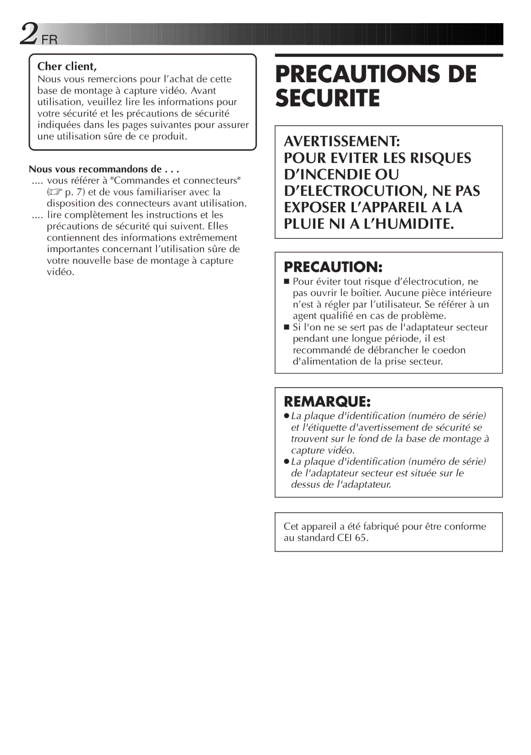 JVC GV-CB3E manual Avertissement, Remarque, Cher client, Nous vous recommandons de 