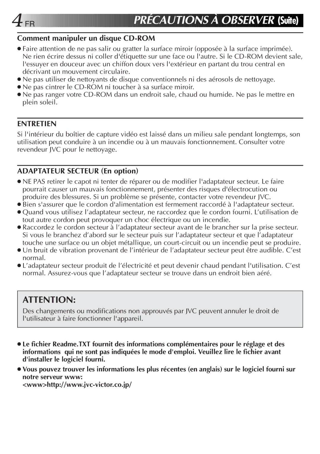 JVC GV-CB3E FR Précautions À OB S Erver Suite, Comment manipuler un disque CD-ROM, Entretien, Adaptateur Secteur En option 