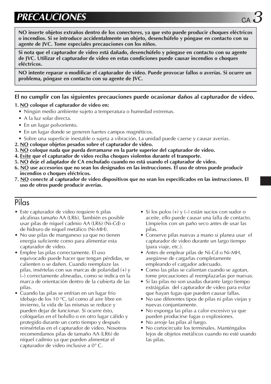 JVC GV-CB3E manual Precauciones CA, No coloque el capturador de video en 